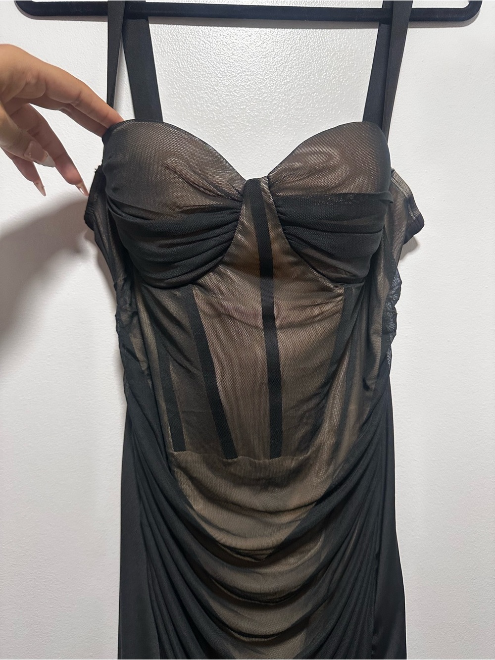 Micas Midi Dress Sheer Draped Black Strapless Slip Dress
